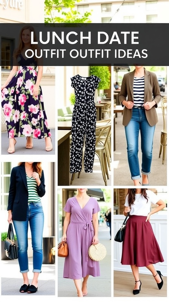 Collage of lunch date outfit ideas including dresses, jumpsuits, and casual wear in a café setting.